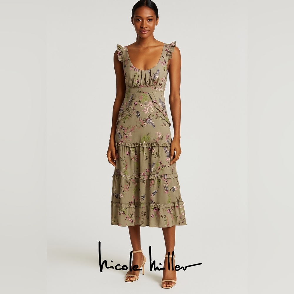 Nicole Miller Collection Floral Ruffle Midi Dres